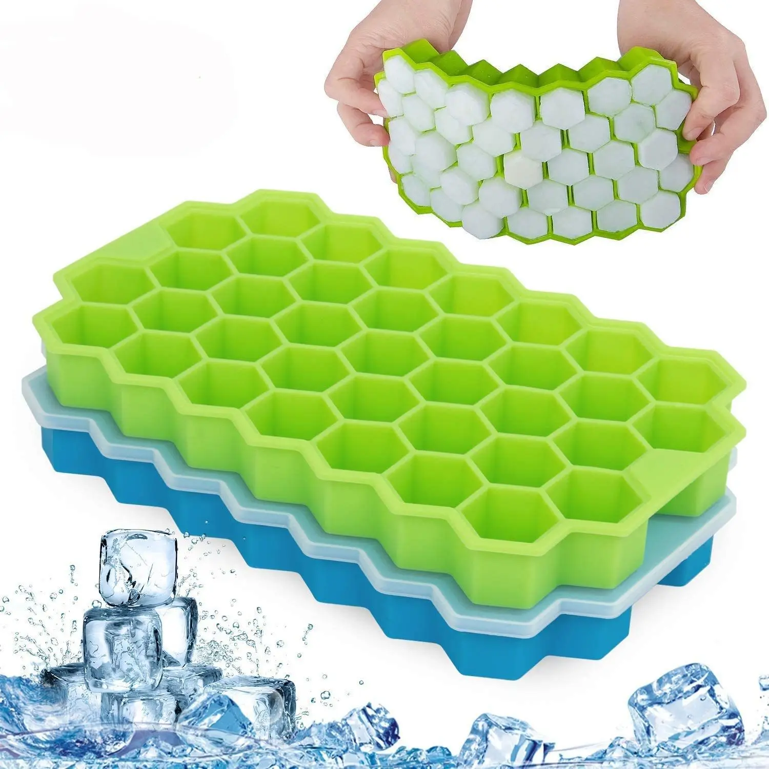 

BBA432 Thickened 37-cell Honeycomb Silicone Ice Tray with Lid DIY Foldable Square Ice Box Mould, As picture