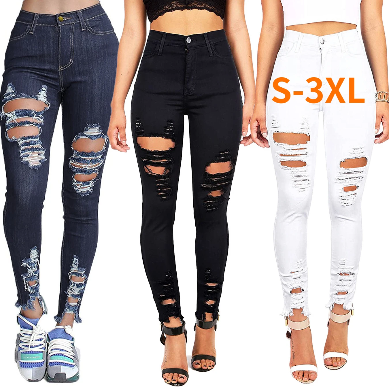 

2021 Hot-selling European And American Fashion Elastic Ripped Slim Leggings Ripped Women's Jeans