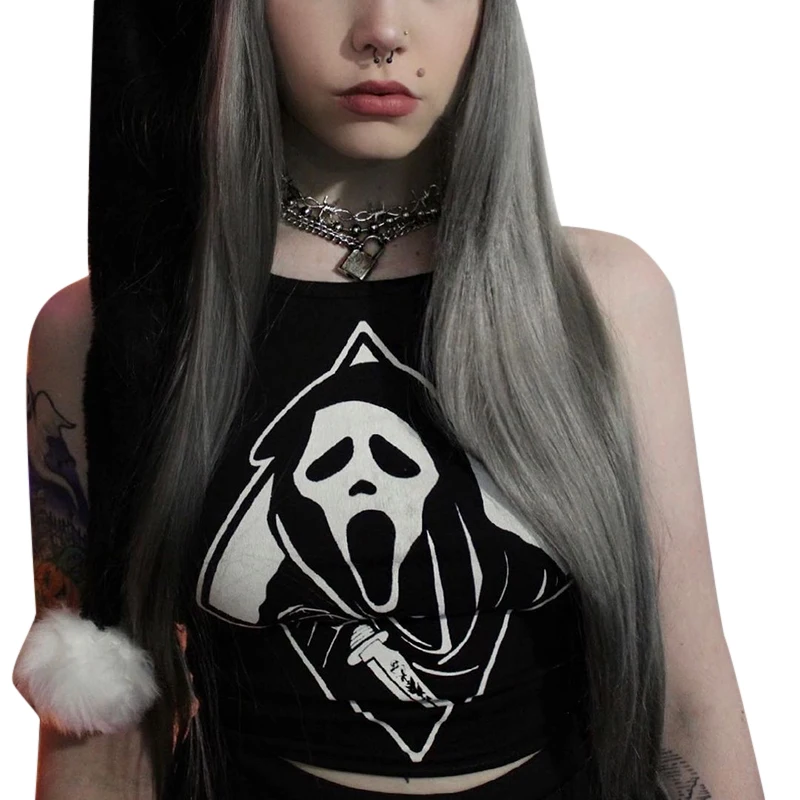 

211023 Diablo street grim reaper print sexy crop tops sleeveless tank top tank tops ladies