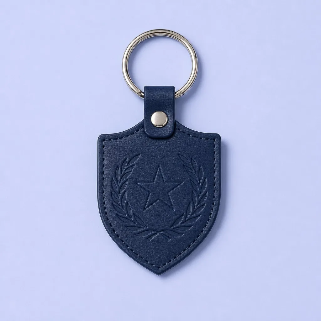 Custom navy shield-shaped leather keychain with star and laurel emblem, view 2