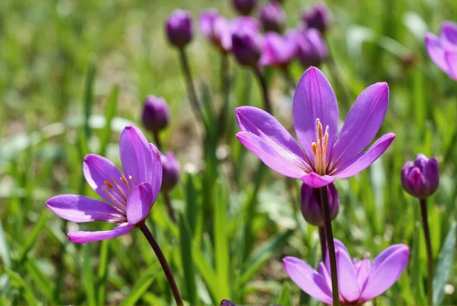 Close-up of saffron crocus flowers blooming in garden soil with purple petals and red stigmas visible