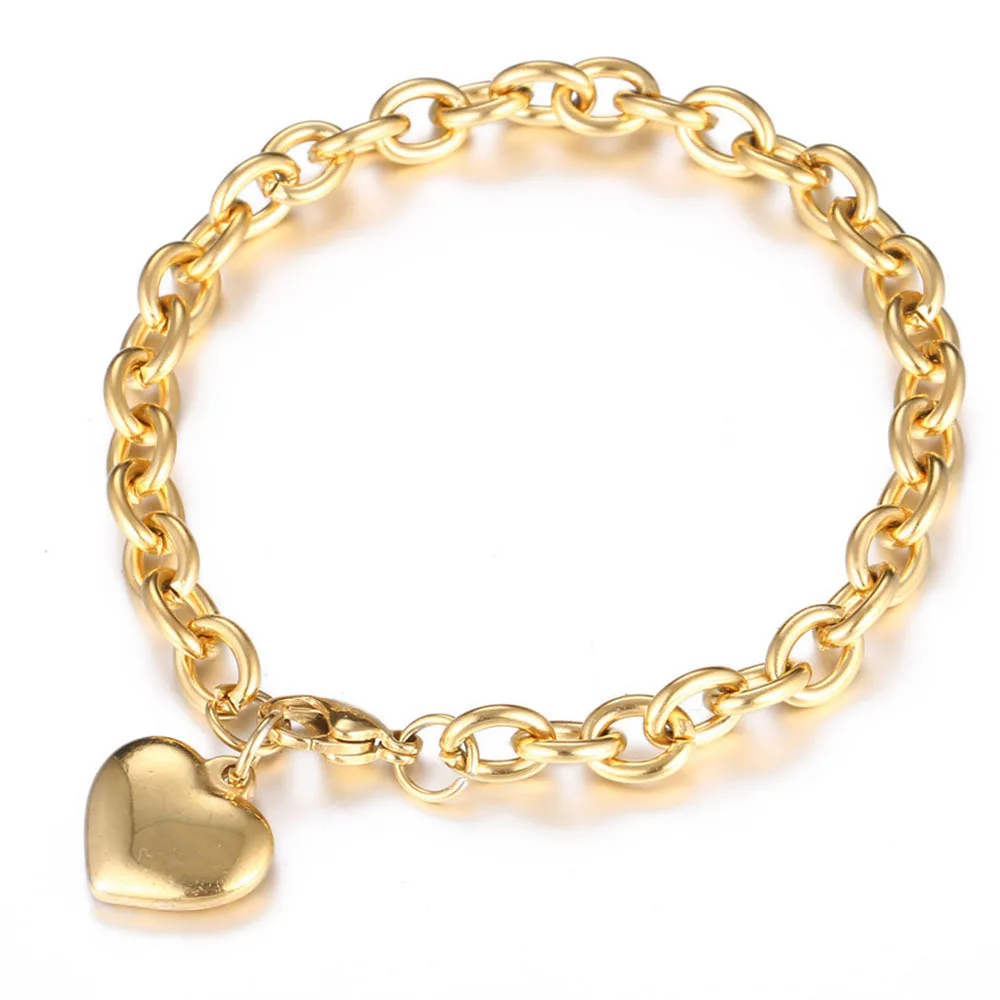 

Hainon fashion 18k gold plated bracelets bangles heart beads 20cm Stainless steel bracelet men women jewelry wholesale