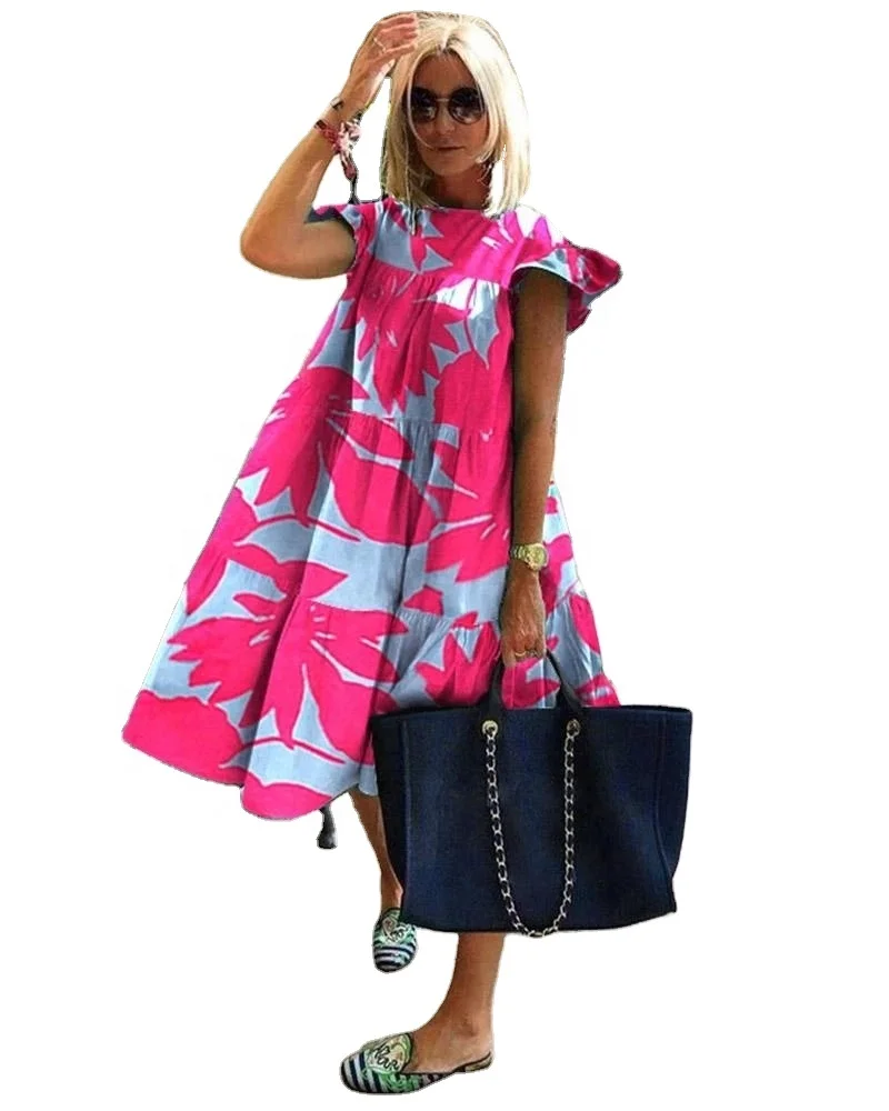 

Fashion Women Summer Casual Dresses Floral Print Loose A-Line Dress O-neck Short Sleeve Dress