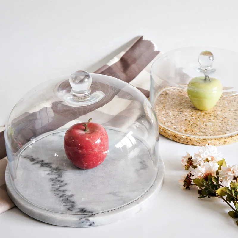 

Jx Rabillon Natural marble round base cheese dessert cake stand board with glass cover lid dome