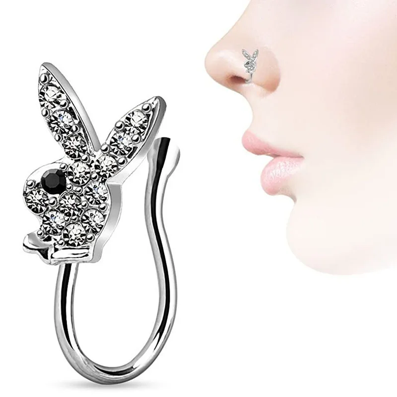 

Hot selling no piercing jewelry rabbit indian fake face nose ring nose nails with diamonds new clip on nose ring cuffs, Silver