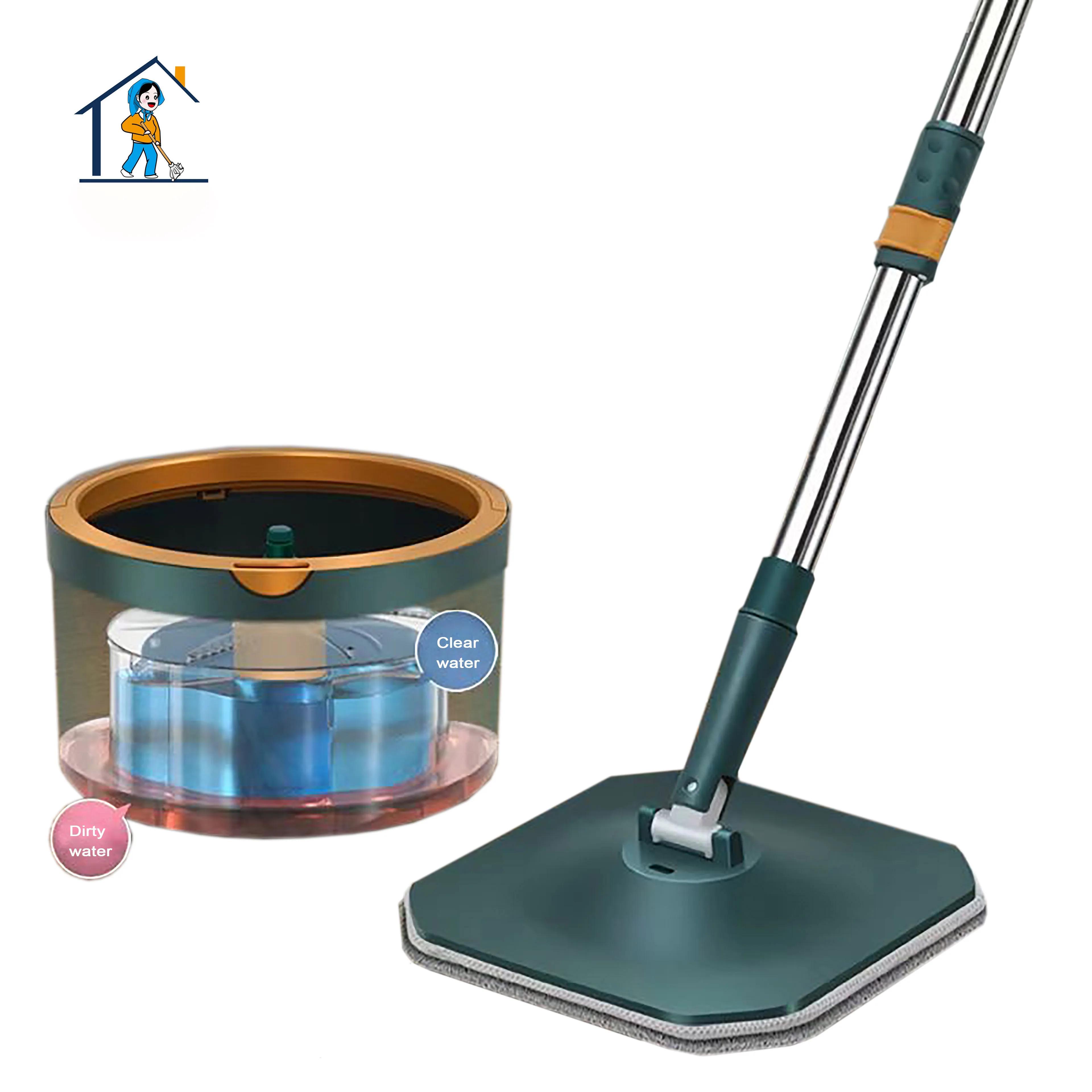 

Newest 2021 high quality 360 rotate handfree magic healty dirty clean water flat spin Mop Bucket set for house floor cleaner