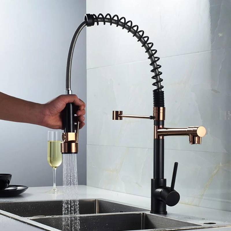 

modern pull down sprayer kitchen water taps rose gold and black flexible kitchen faucets