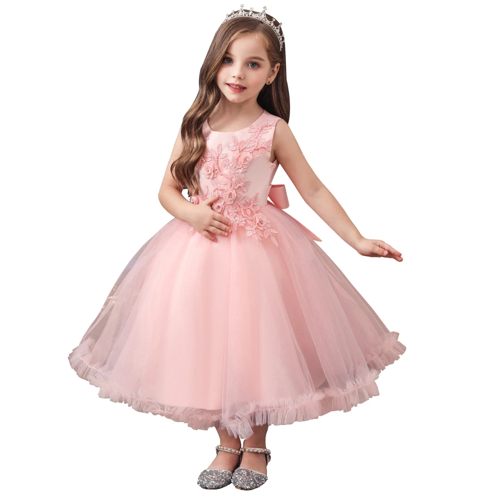 

Pink knee-length tulle flower girl dress for kids round neck embroidered child party dress for girl 3-12 years old sleeveless