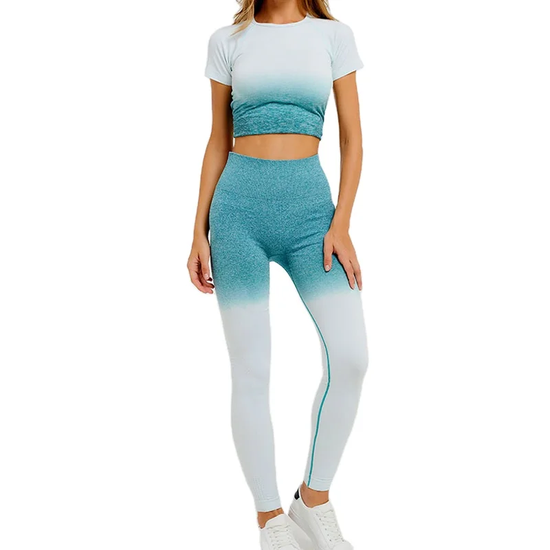 

2 Pieces Women Workout Long Sleeve Tops And Running Leggings High Waist Gradient Yoga Sets For Fitness, Customized colors