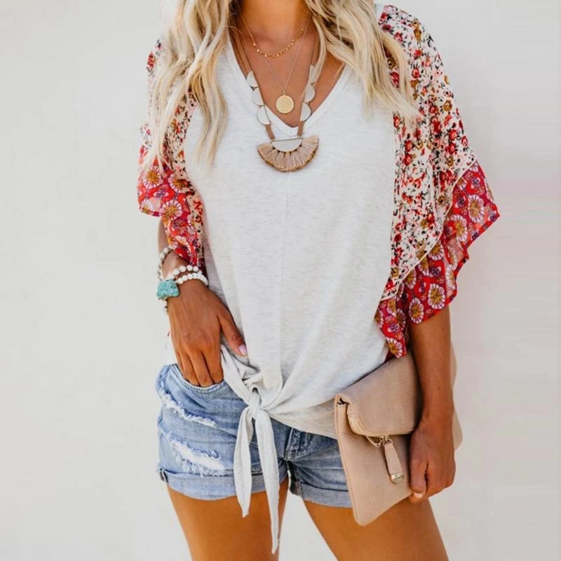 

Women Floral Printed Geometric Irregularity Loose Short Sleeve Tops Blouse, Photo show
