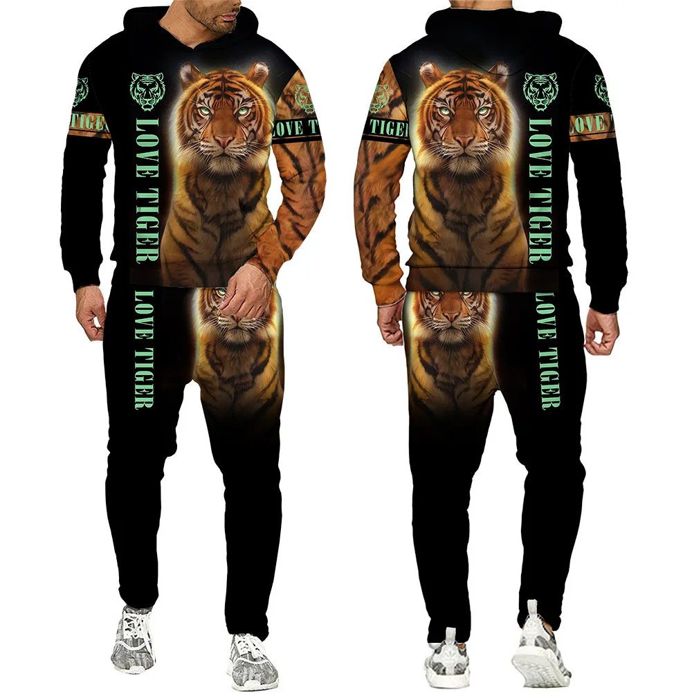 

Custom Logo Anime Hoodies Jogger Sets Highend Luxurious Tiger Animal Print Men's 3D Sweatpants And Hoodie Set, Customized color