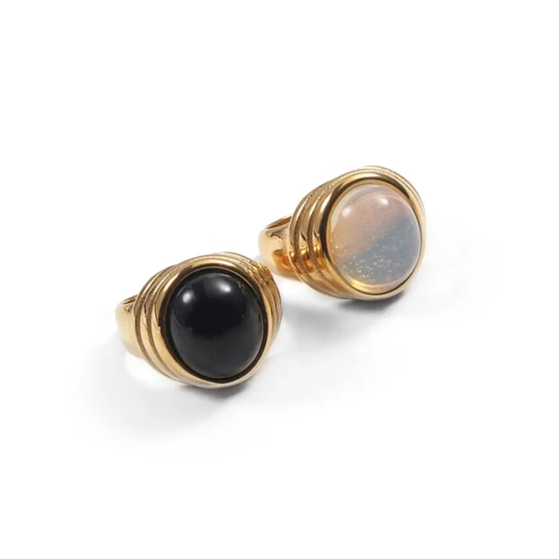 

18k Gold Plated Black Agate Moon Stone Inlaid Layered Stainless Steel Statement Band Rings