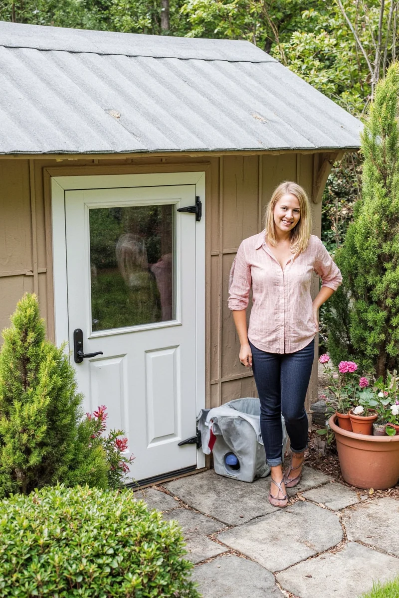 A smiling person sits in a small potting shed next to their golden retriever, surrounded by blooming flowers and gardening tools.