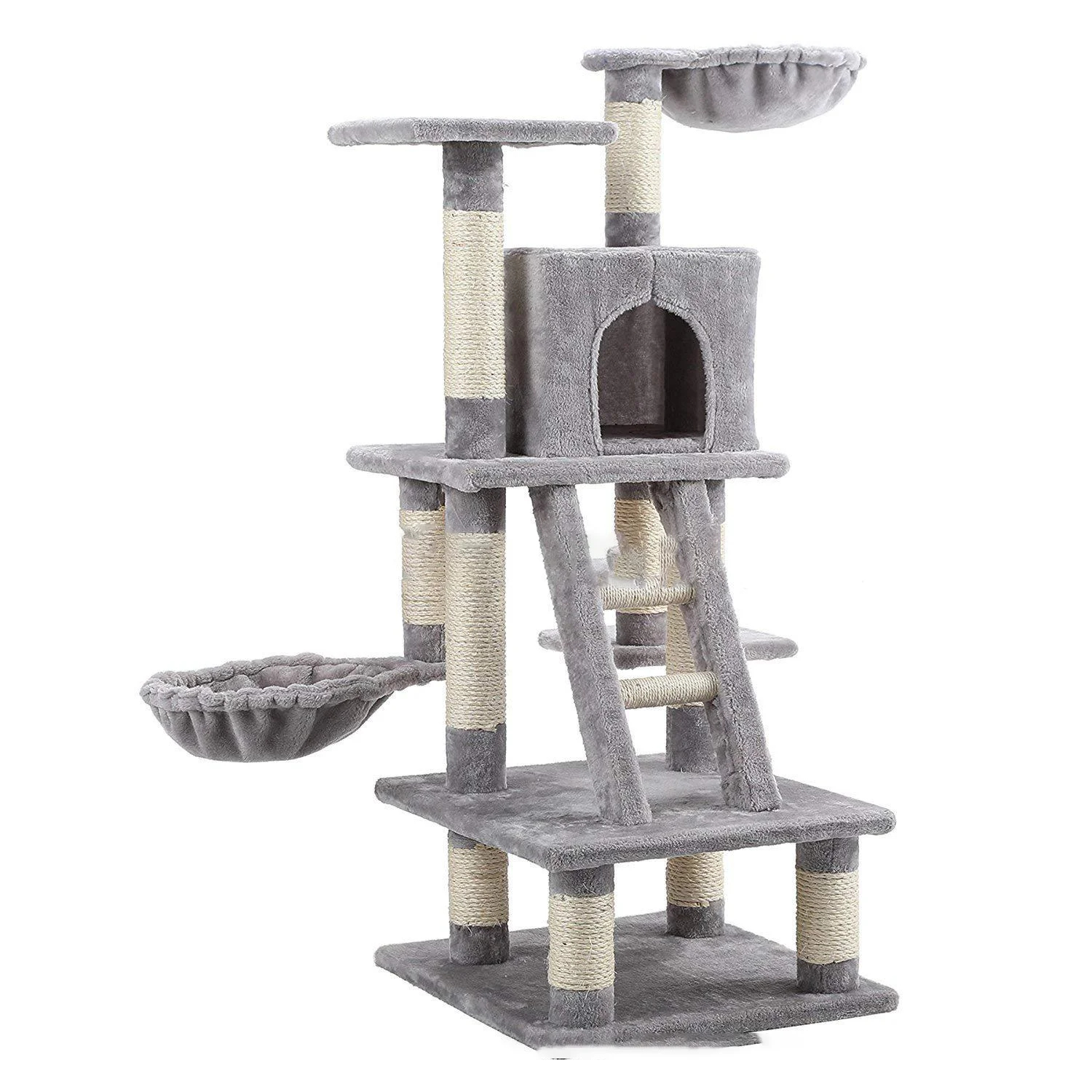 

Large Luxury Tower 3 level High Quality Wood Grey Cat Scratcher Climb Tree House with Basket