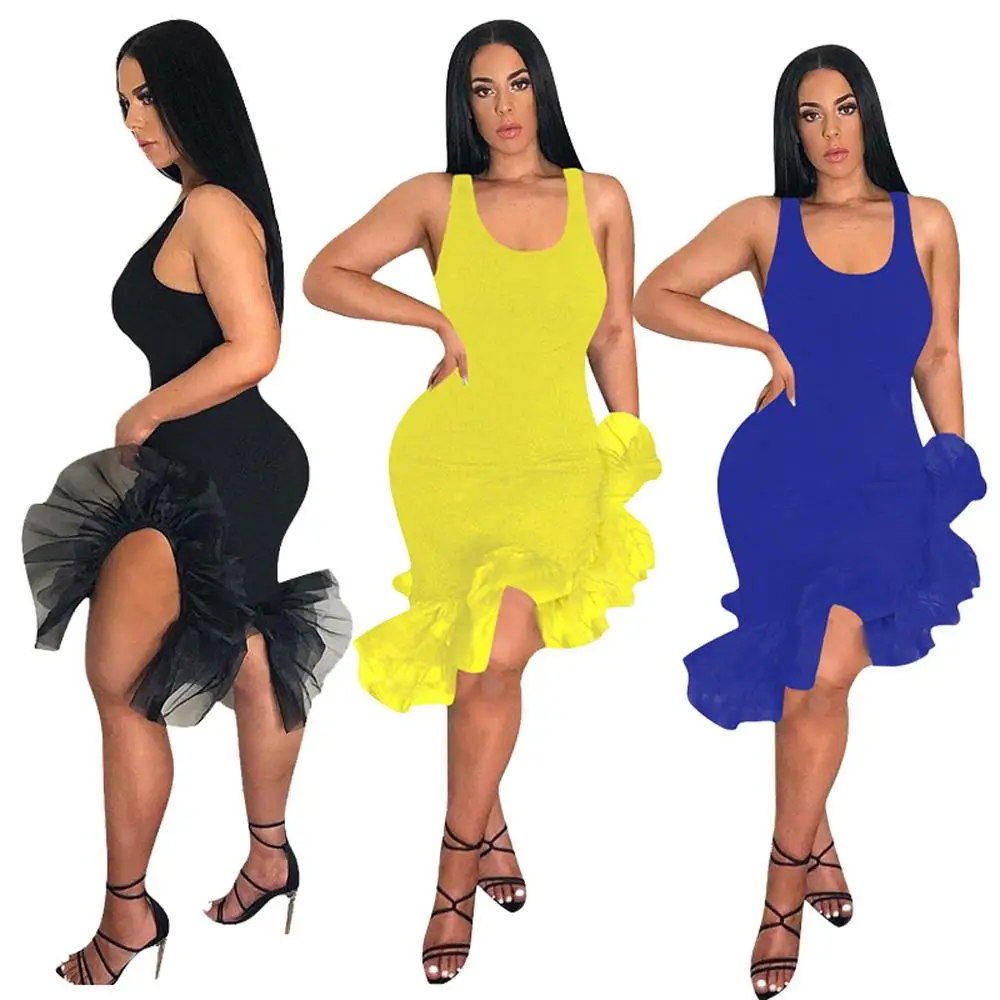 

2021 Asymmetrical Design Organza Patchwork Ruffled Sleeveless Bodycon Women Ladies Dress, As photo showed