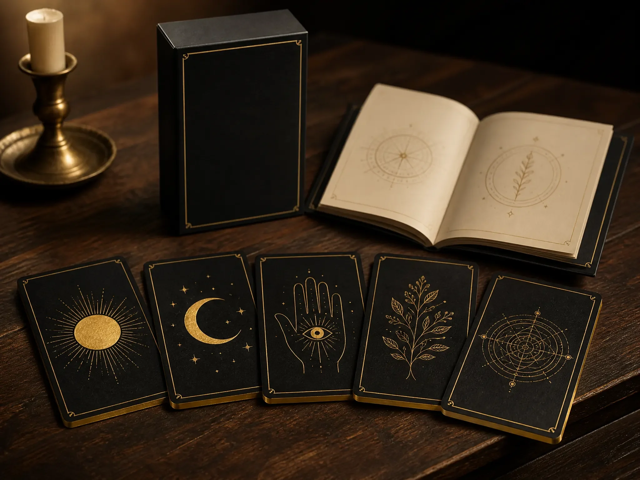 Tarot deck spread on a dark wood table beside an open foil box and a guidebook