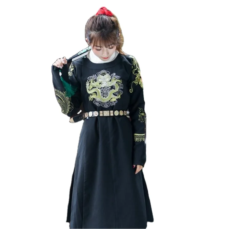 

Ming Dynasty Men women Robe improved Chinese Hanfu Clothing couple Dragon costume chivalrous Style Embroidered round collar gown, As the pictures