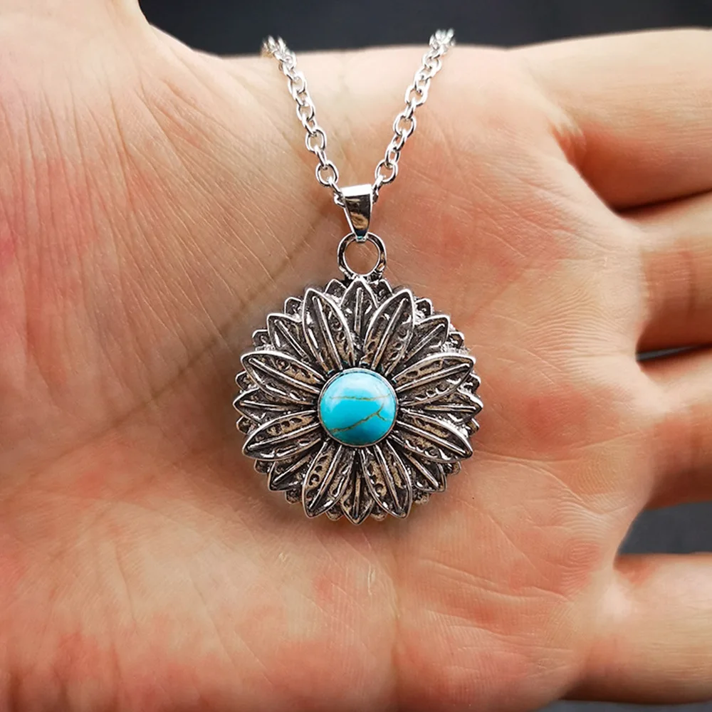 

Wholesale Bohemian Fashion VintageBlue Turquoise Sunflower Pendant Necklace Jewelry For Women