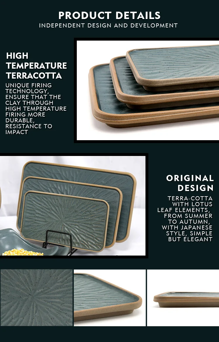 Cheap Japanese Style 10 12 Inch Dark Green Relief Square Sushi Dining Ceramic Plates for Restaurant
