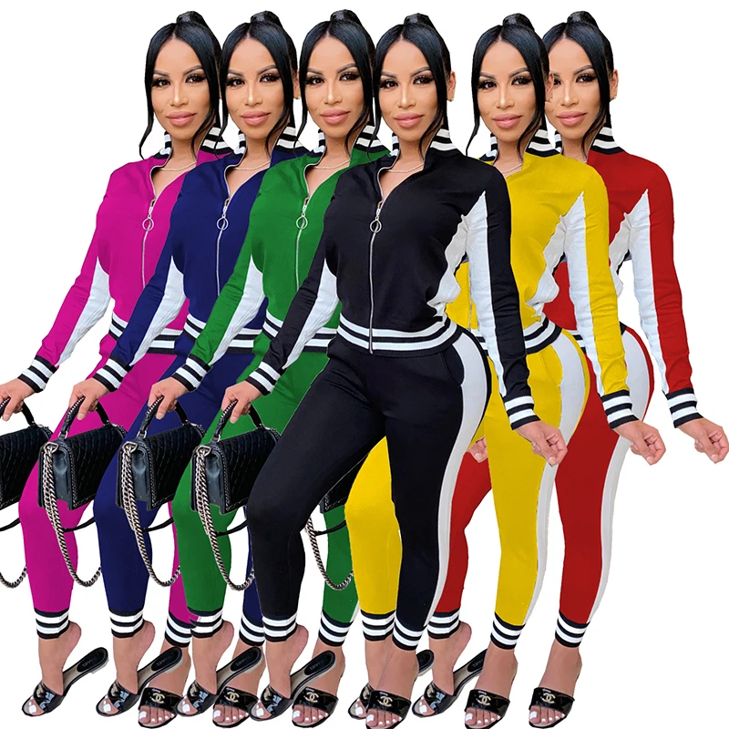 

Wholesale ladies jogger sportswear skinny sexy women 2021 tracksuit jacket coat two piece set clothing, 6 colors