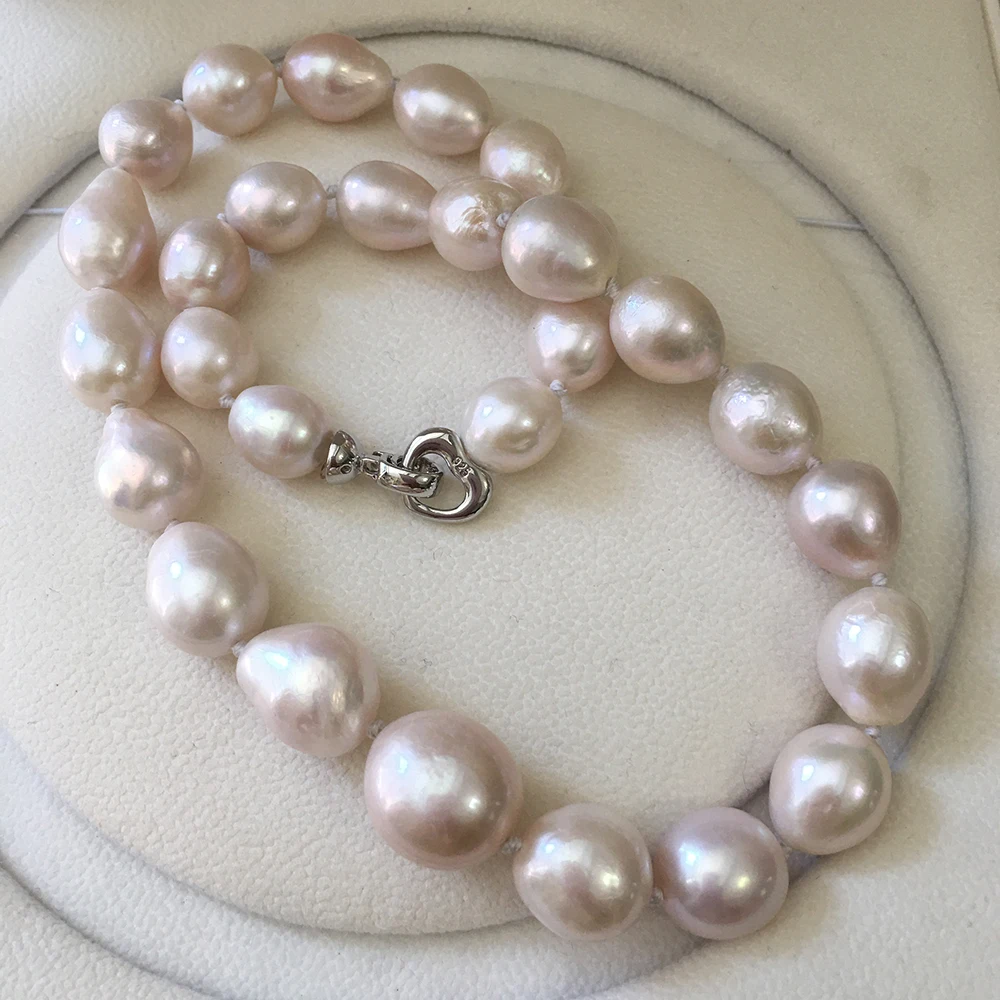 

16/18 inch nature freshwater pearl choker necklacenice heart 925 silver CLASP 12-17 mm AAA big round baroque knotted beads