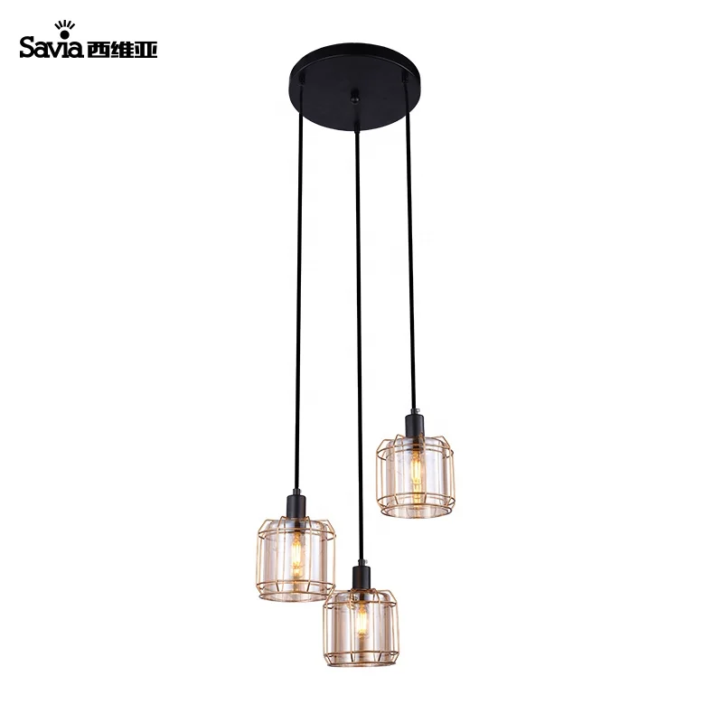 Savia modern brown black rustic iron metal wire industrial bird cage LED E14 3 head ceiling chandelier lamp pendant light