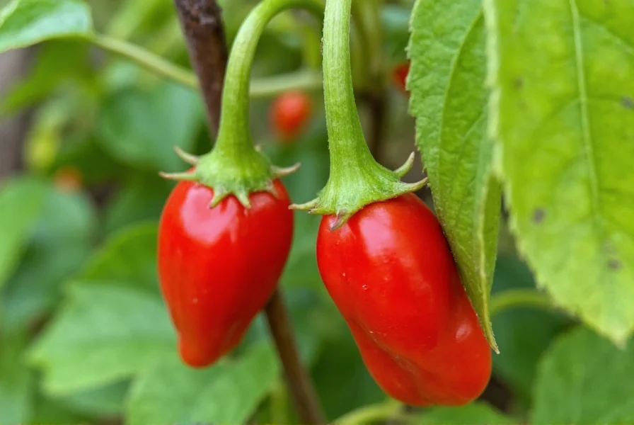 Close-up view of Carolina Reaper peppers showing distinctive red color and stinger-like tail on plant