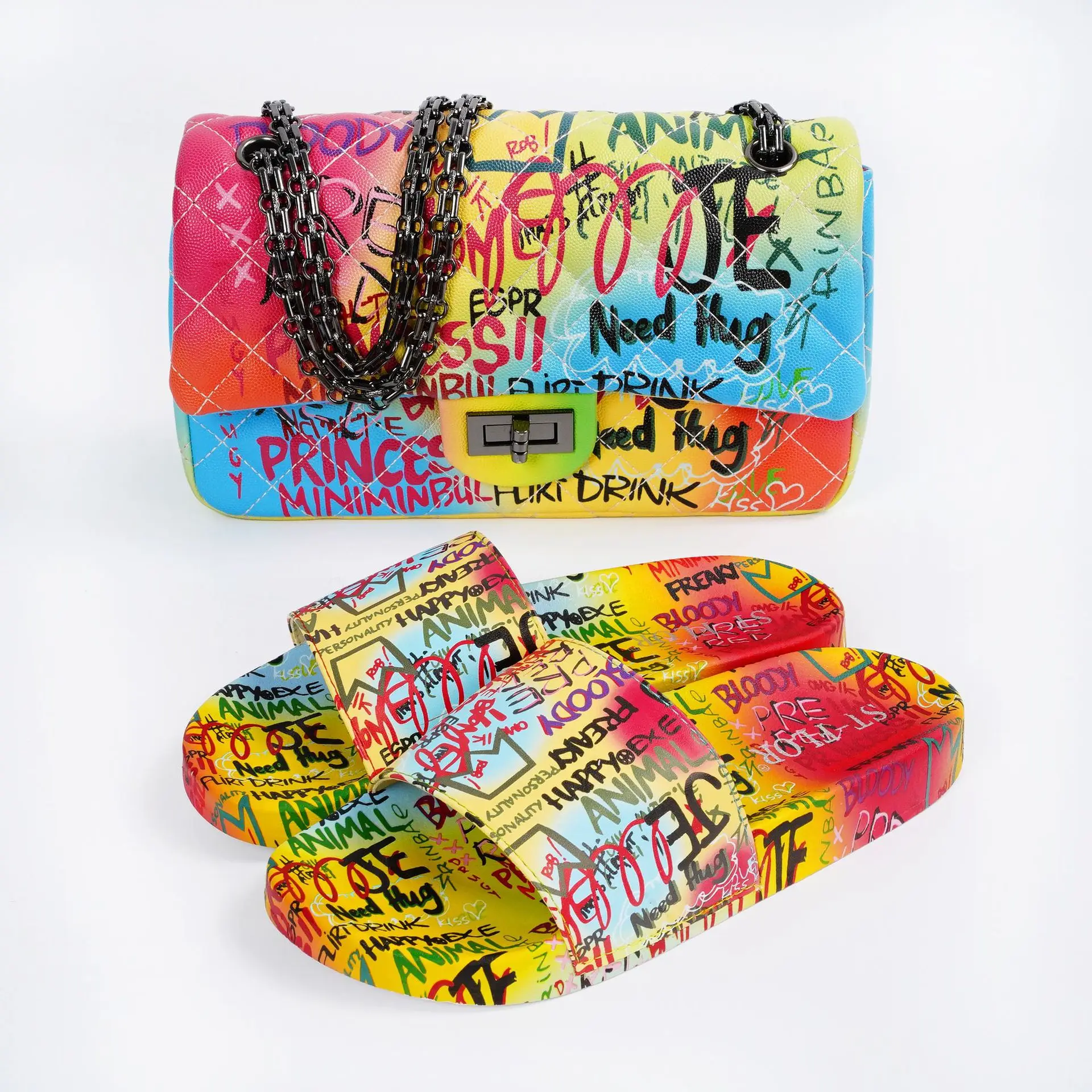 

SP1233 unique design graffiti slippers and bag set fashion matching shoes and bags set for women, Picture shows