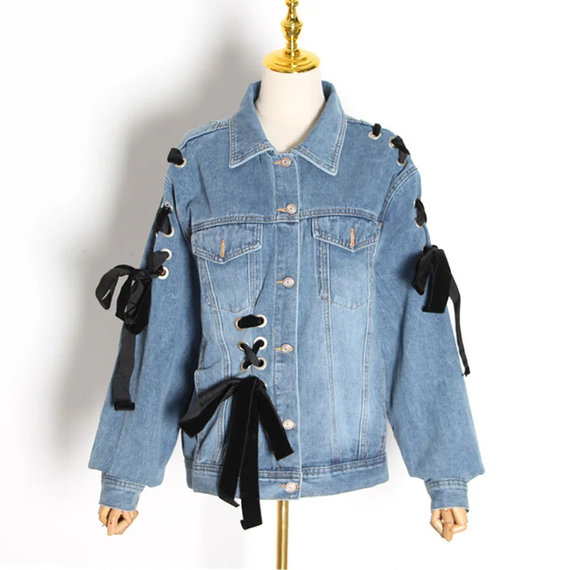 

2020 new arrival spring women demin top with Cross strap loose bow tie and long sleeve top