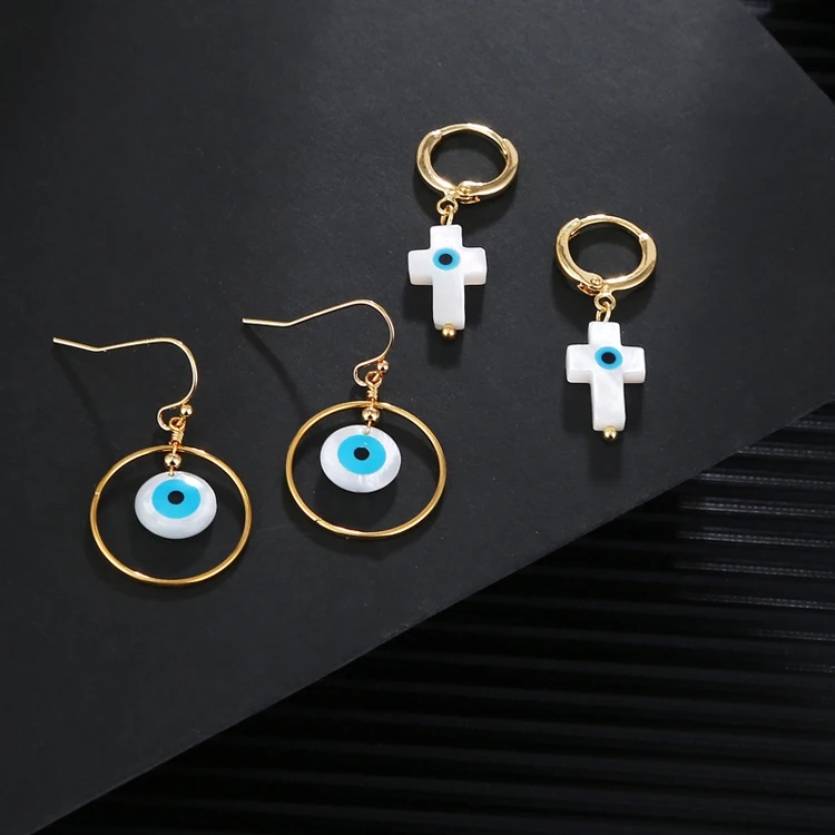 

18K Gold Plated jewelry fashionable temperament natural shell blue eyes cross eardrops earrings for women, Picture