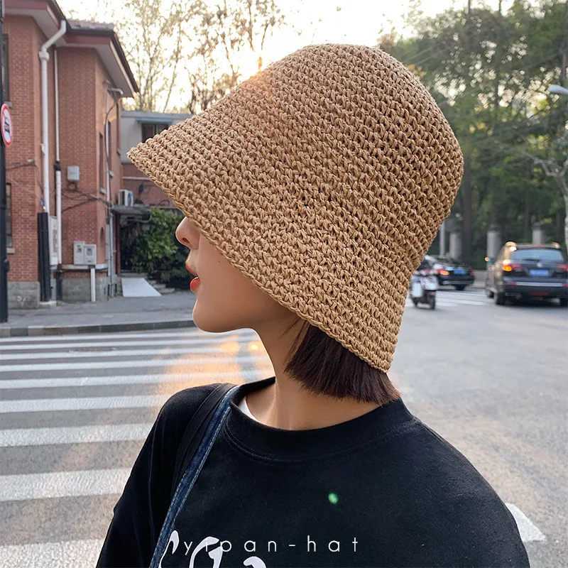 

Korean Summer Fashion Beach Sunshade Sun Hat Handmade Crochet Fisherman Hat Small Brim Foldable Floppy Bucket Straw Hats Women
