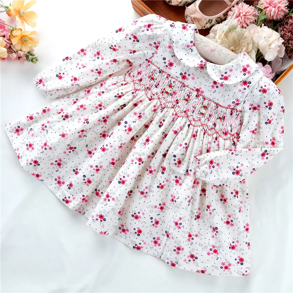 

wholesale kids clothing fall cotton long sleeve baby girls smocked dresses flower floral C20729