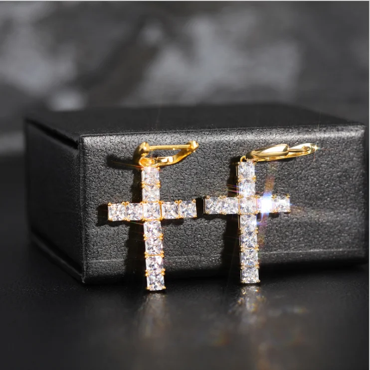 

Wholesale Cubic Zirconia Earrings Iced Out Cross Design 18K gold plated Cross with diamonds Hiphip iced out hanging earrings, Color: gold, silver, purple