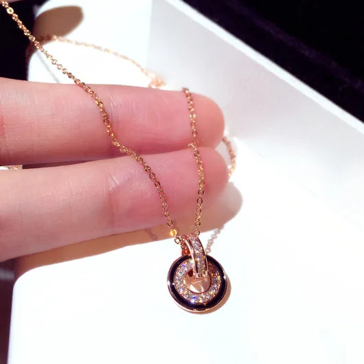 

High Quality Allergy Free Gold Plating Round Clavicle Necklace Small CZ Diamond Double Circles Pendant Necklace