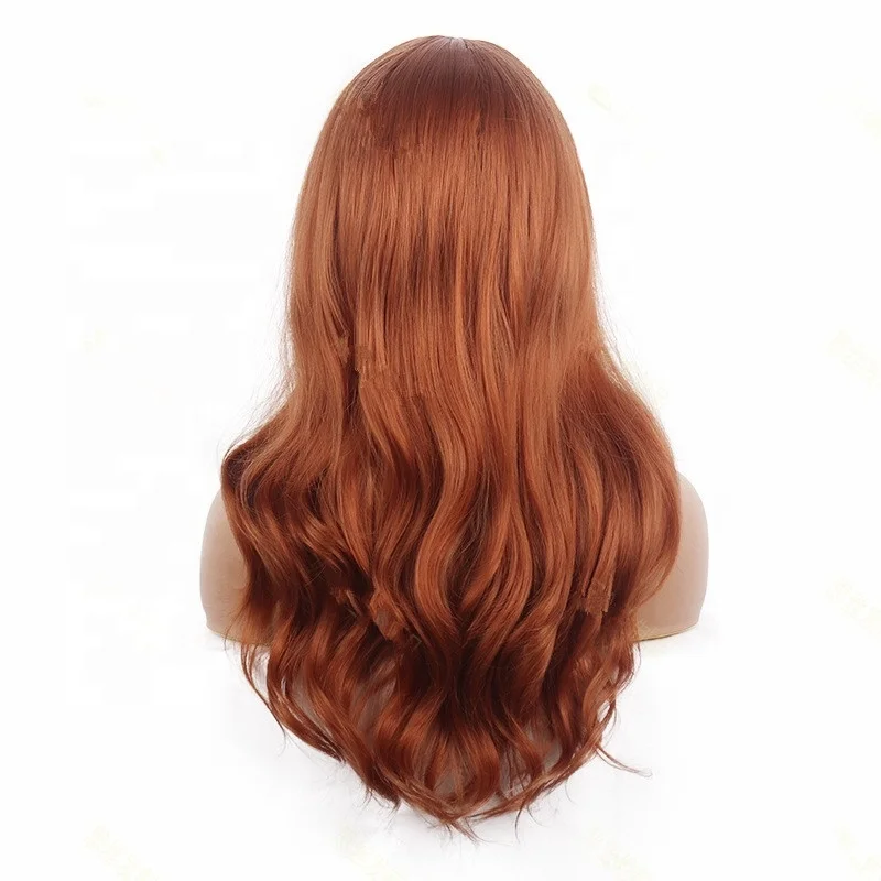 

Orange Long Big Wave Wig Women's Temperament Curly Hair Stylish Neat Bangs Wig, Picture