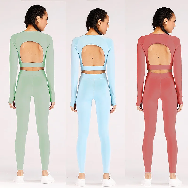 

New Design 6 Colors Long Sleeve Sports Top Sliming Yoga Pants Leggings And Bra Set, As pictuer showed