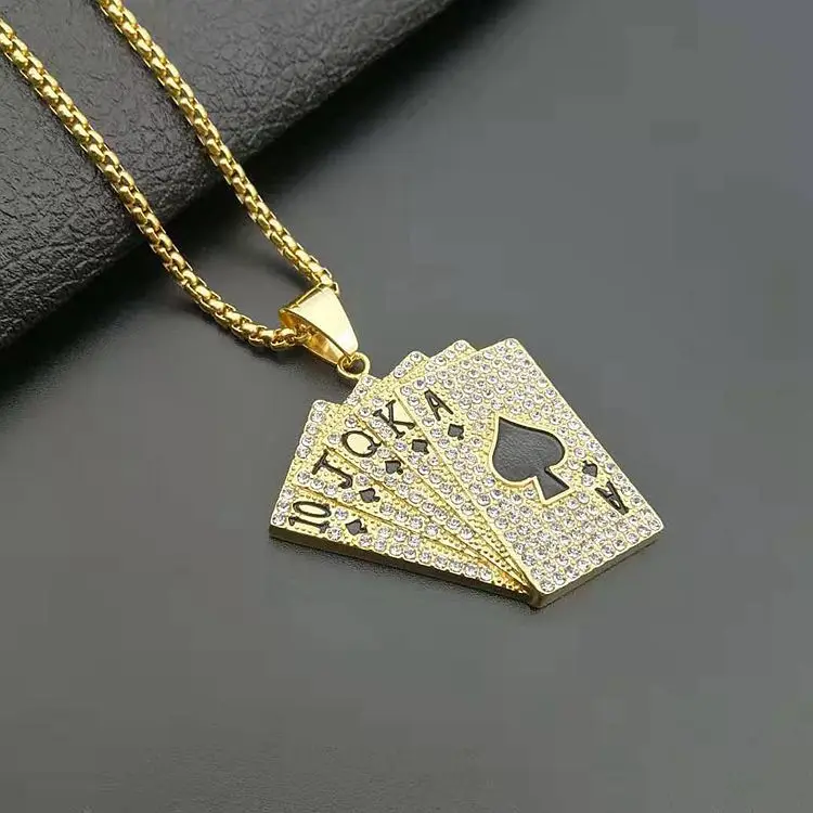 

New Men's Gold Plated Stainless Steel Diamond Hip Hop Jewelry Cubic Zirconia Gold Sparkling Flush Playing Card Pendant Necklace