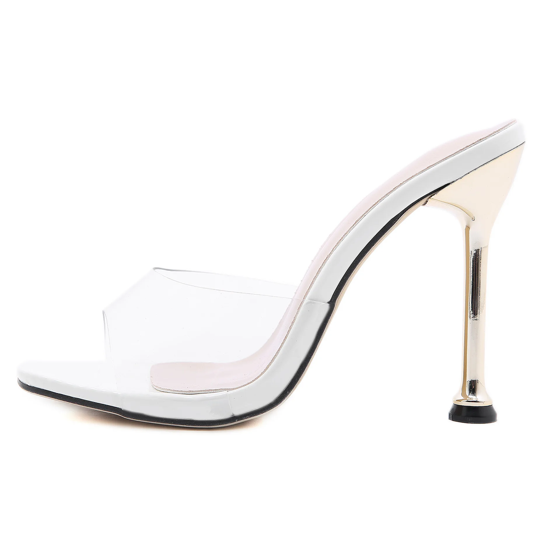 

2022 New Arrival Women High Heel Slippers Metal Plating Heel Sandals Square Toe Transparent Anti-Slip Casual Slippers
