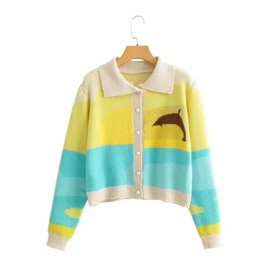 

fashion casual sweet y2k cute kawaii patchwork loose animal print women blouse knitting crop top cardian sweater coat, Customized