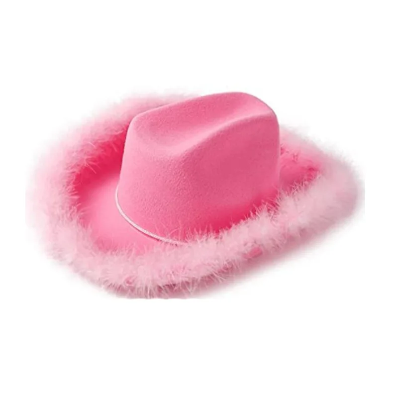 

Hot Selling Western Cowgirl Tiara Costume Feather Edge Fedora Holiday Party Hat For Women Pink Cowboy Bachelor Party