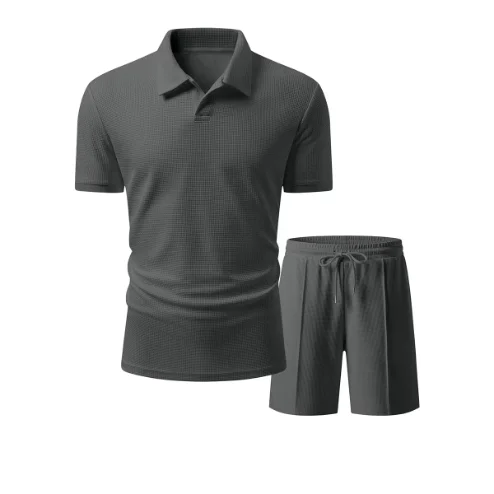 Custom Men Solid Waffle Textured Golf Tracksuit Casual Summer Beach Vacation Athletic Lapel Collar Polo Shirt Shorts 2 Piece Set
