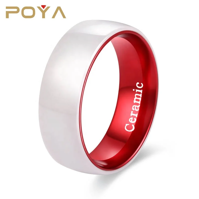 

POYA Jewelry Womens High Polished Wedding Band 8mm Anodized Red Aluminum Sleeve Inlay Domed White Ceramic Ring
