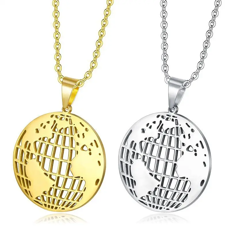 

Wholesale Hip Hop Style World Map Gold Plated Mens Womens Stainless Steel Pendant Necklace, Gold / silver / rose gold / black
