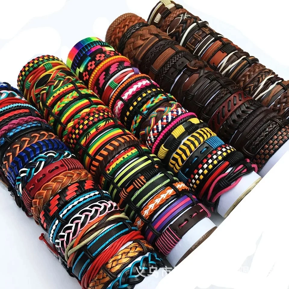 

2020 random 50pcs wholesale 50 different /pack mix styles genuine leather men's women's jewelry party gifts mens accessories