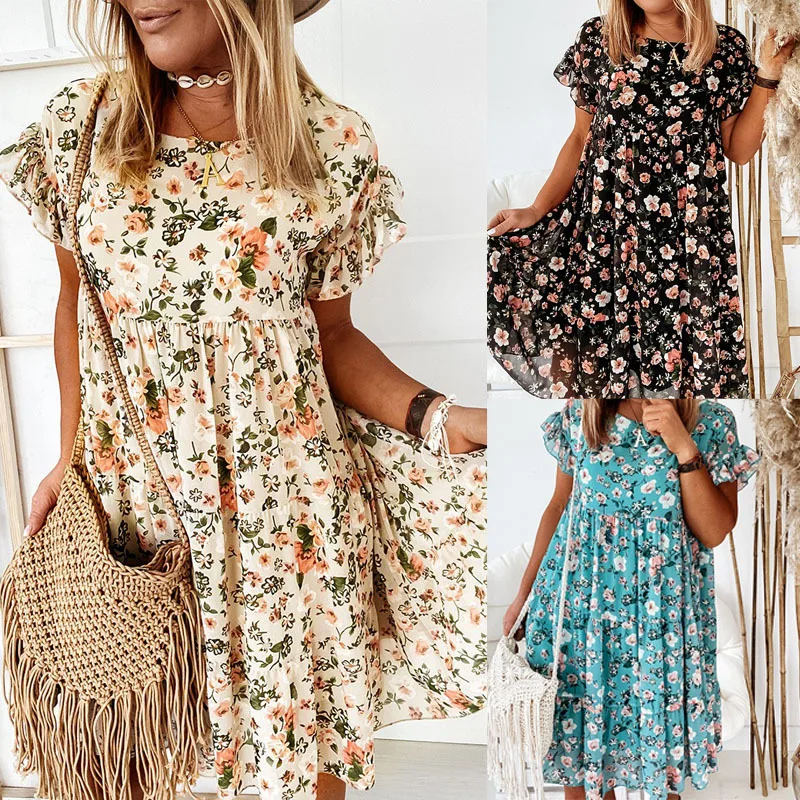 

Casual Floral Print Summer Dress 2021 Robe Femme Boho Short Sleeve Woman Dress Female Loose Ruffles Mini Dresses For Women, Picture color