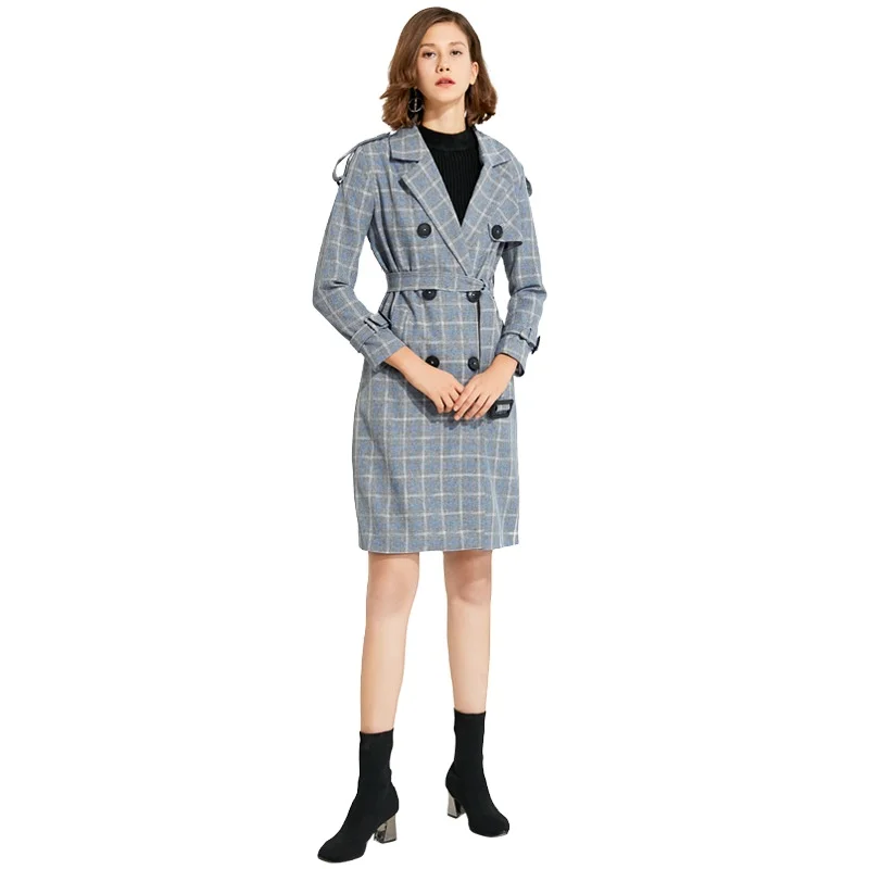 

Autumn / spring Grid Belted Double-breasted Coat Windbreaker Skinny Turn-down Collar OL Casual Women Trench Coat