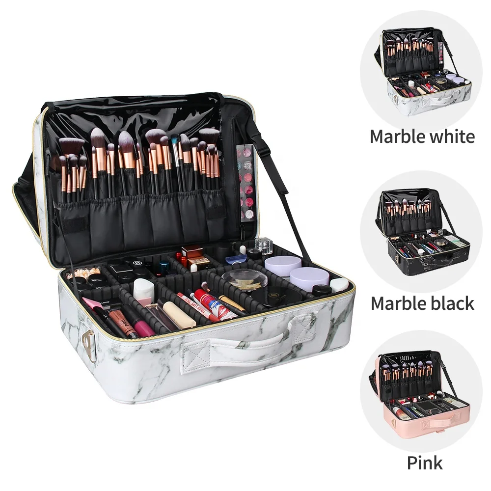 

Relavel Professional 3 Layer Large Marble White PU Train Case Brush Organizer Storage Travel Cosmetic Bag Makeup Case