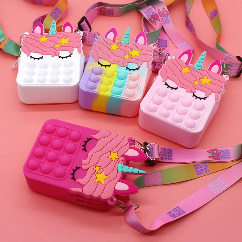 

2021 Hot Sale fashion little girl popit kid Cute Chain Silicone pop it unicorn kid small jelly coin Purse and Handbags