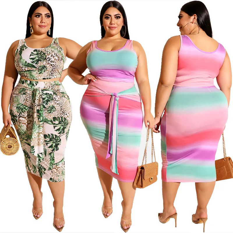 

FM-19329 Fashion casual summer bodycon dress for fat woman tight wrap hip vest half plus size 2 piece skirts, As picture