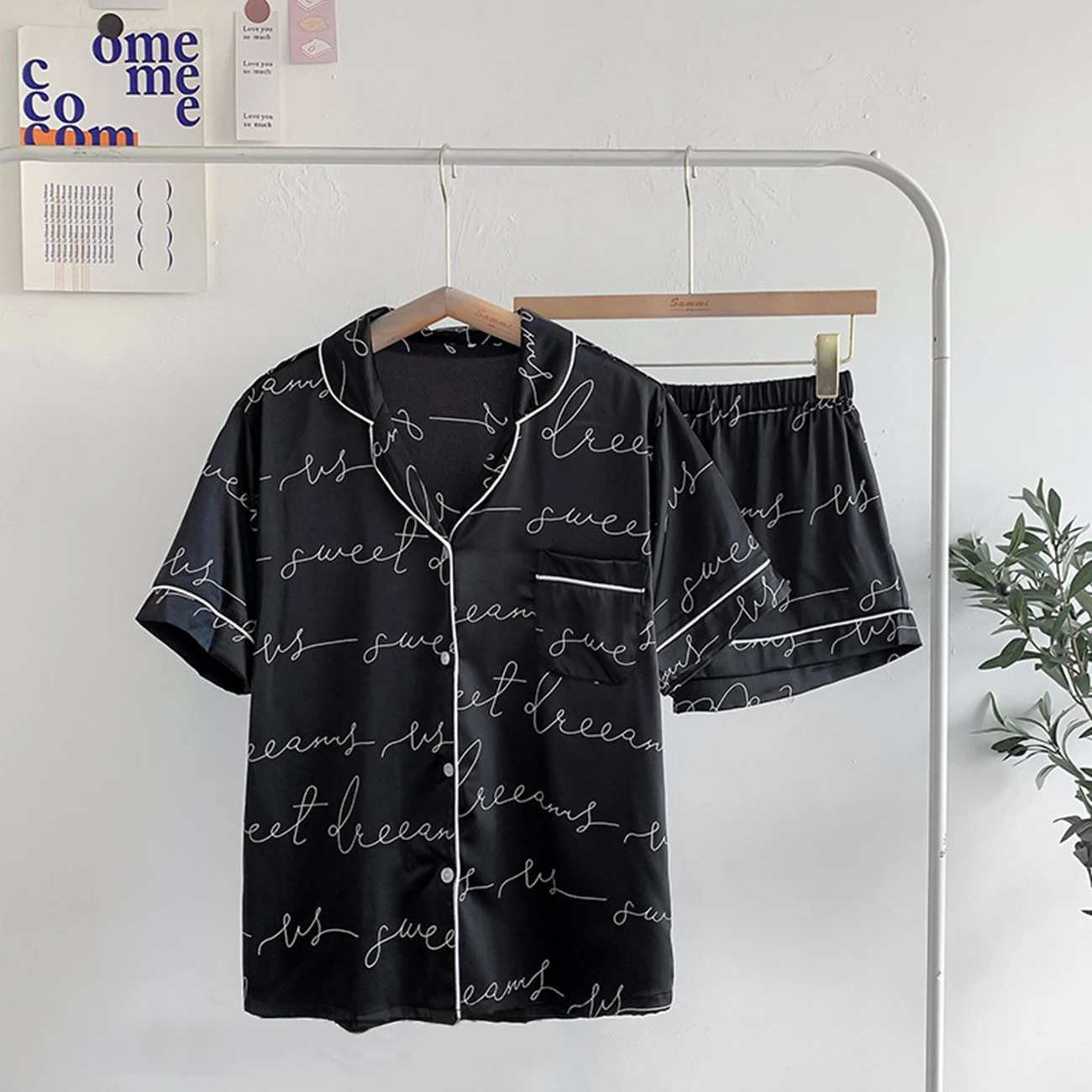 
Hot sell fashion short sleeve stain clothes leisure summer women sleepwear silk pajamas 